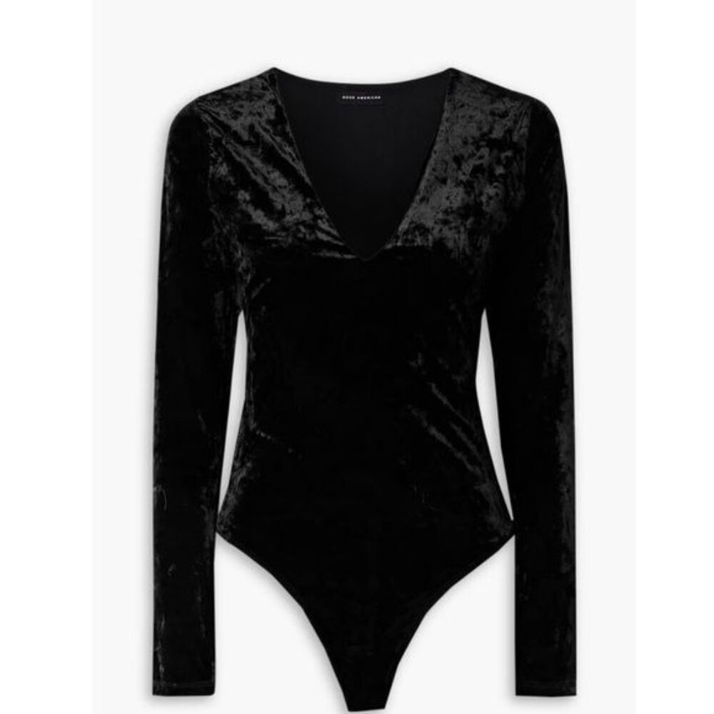 Good American women black velvet plunging V Neck bodysuit  size 5